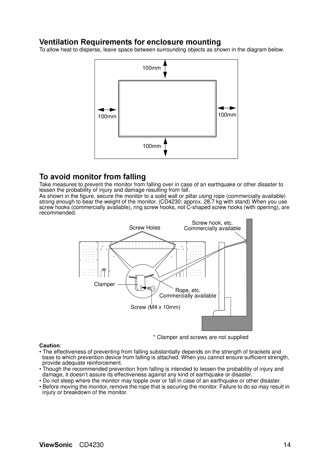 ViewSonic VS12541 manual Ventilation Requirements for enclosure mounting, To avoid monitor from falling 