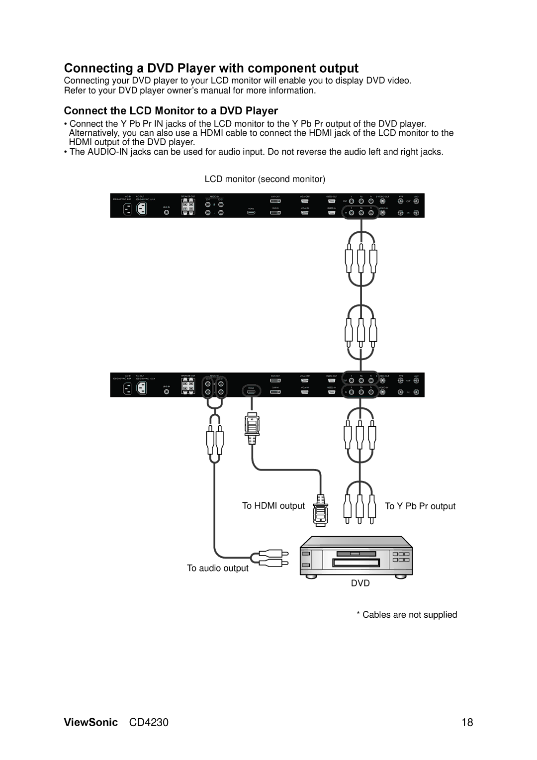 ViewSonic VS12541 manual Connecting a DVD Player with component output, Connect the LCD Monitor to a DVD Player 