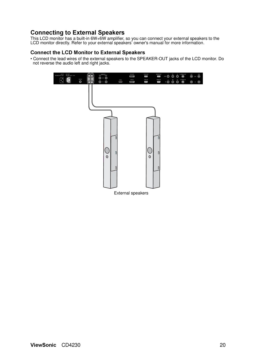 ViewSonic VS12541 manual Connecting to External Speakers, Connect the LCD Monitor to External Speakers 