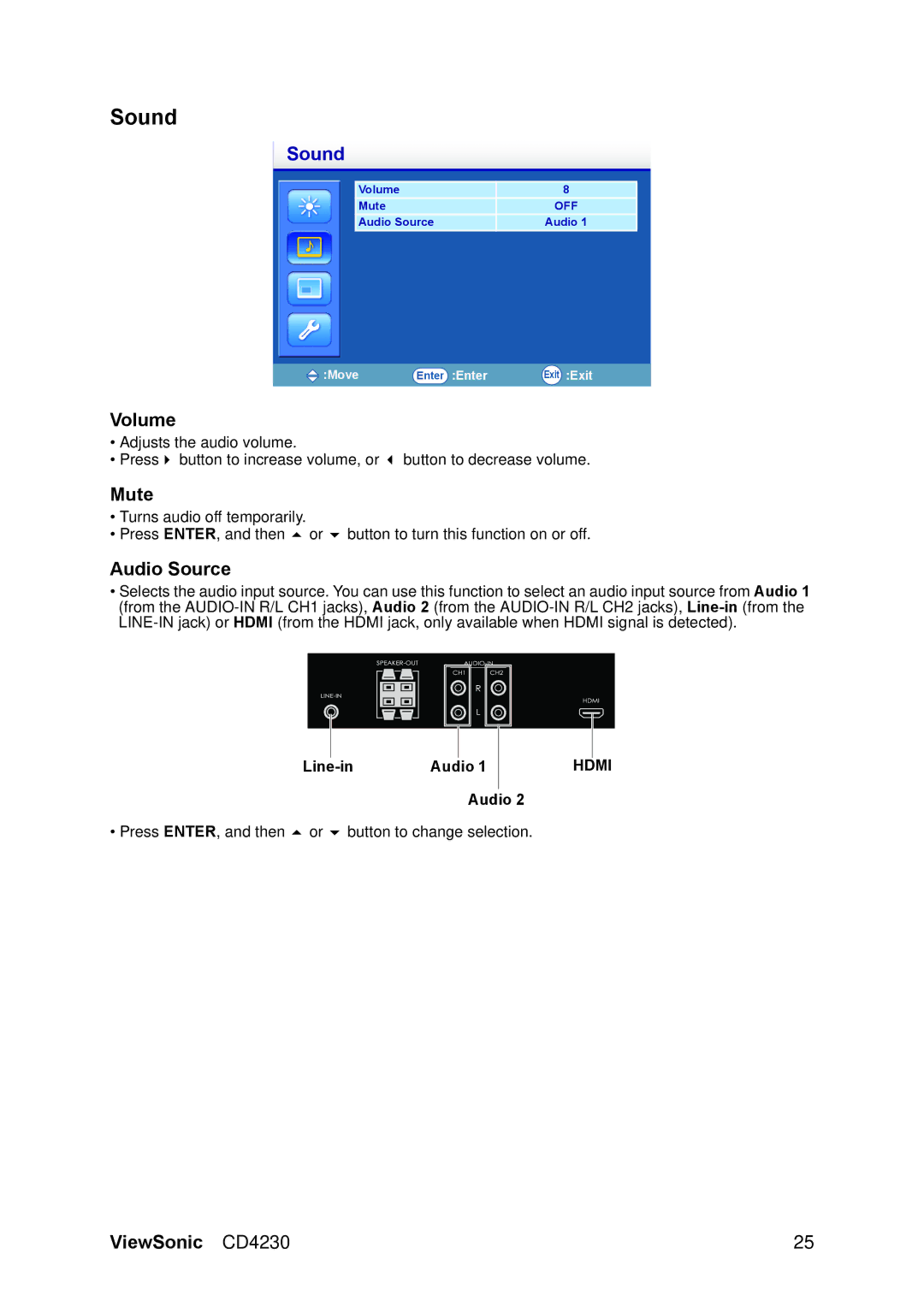 ViewSonic VS12541 manual Sound, Volume, Mute, Audio Source 