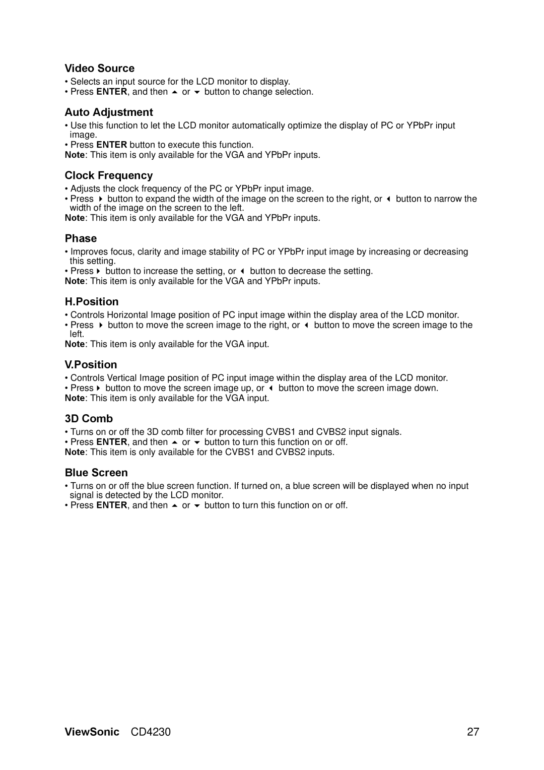 ViewSonic VS12541 manual Video Source, Auto Adjustment, Clock Frequency, Phase, Position, 3D Comb, Blue Screen 