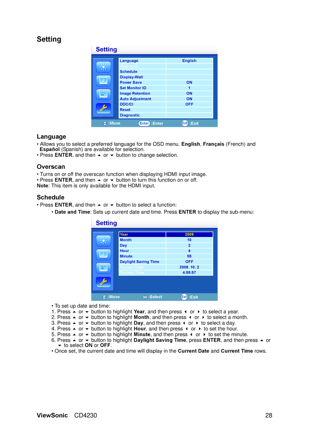 ViewSonic VS12541 manual Setting, Language, Overscan, Schedule 