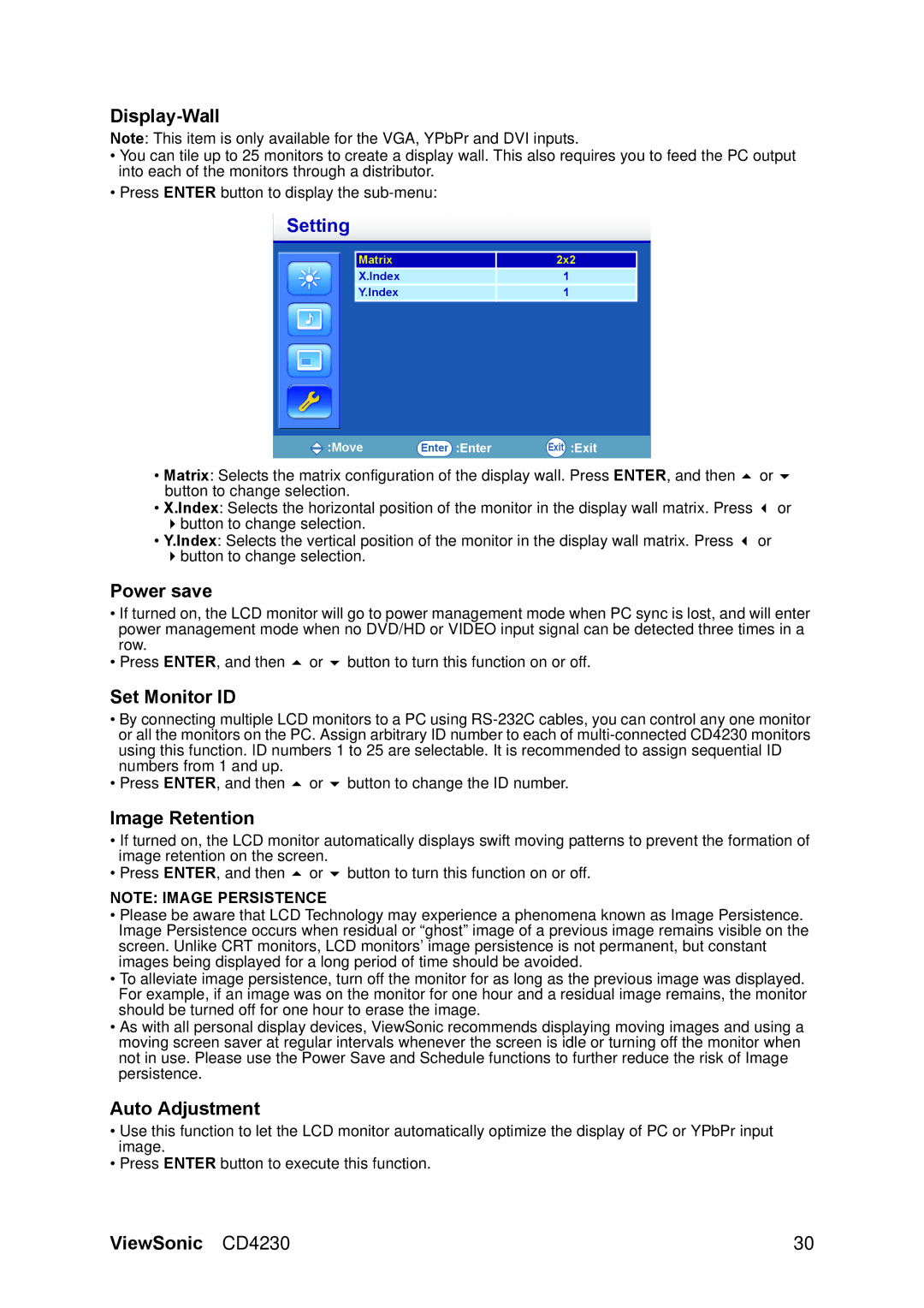 ViewSonic VS12541 manual Display-Wall, Power save, Set Monitor ID, Image Retention 