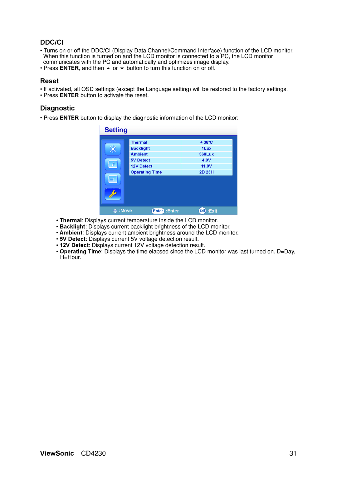 ViewSonic VS12541 manual Reset, Diagnostic 