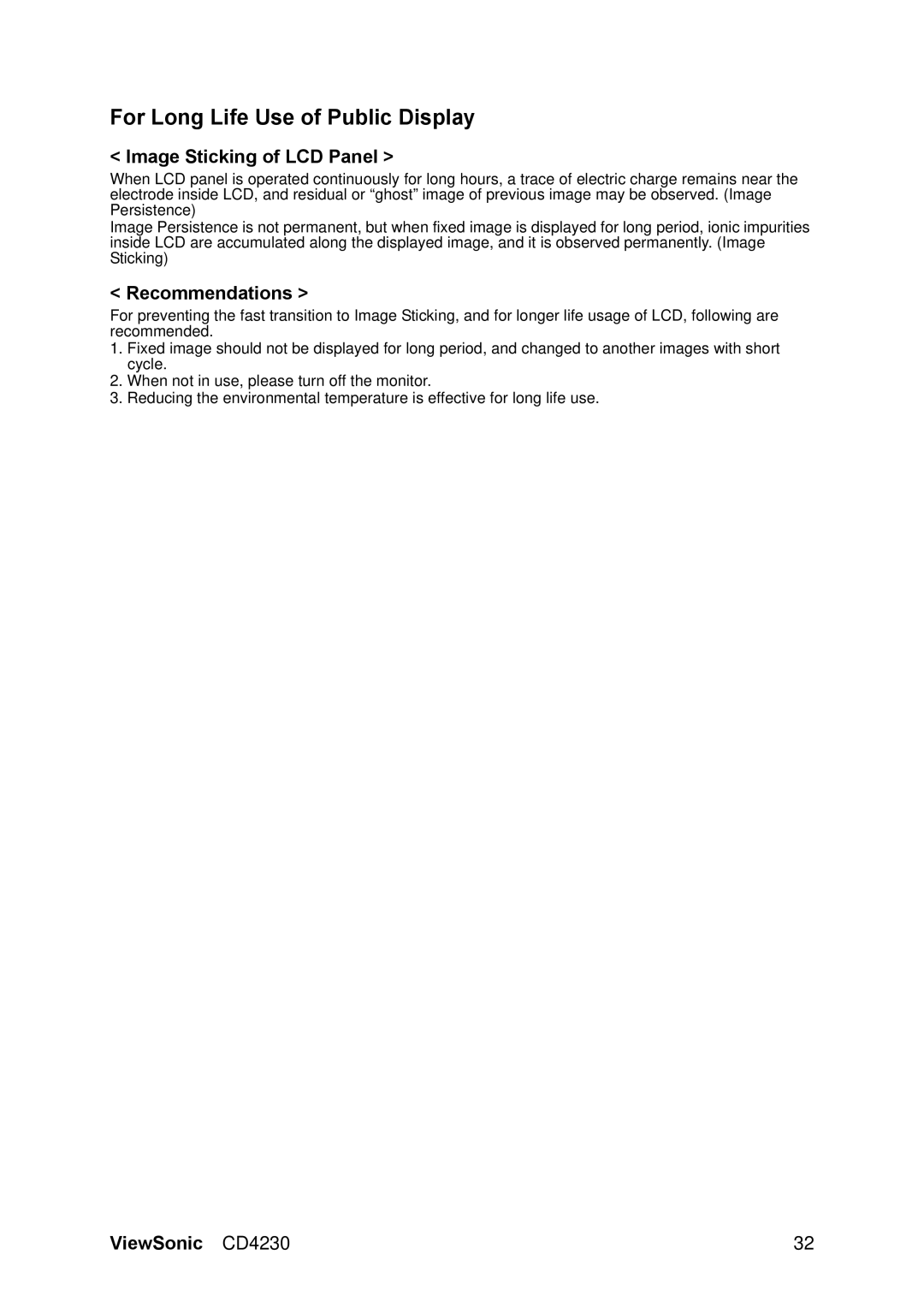 ViewSonic VS12541 manual For Long Life Use of Public Display, Image Sticking of LCD Panel, Recommendations 