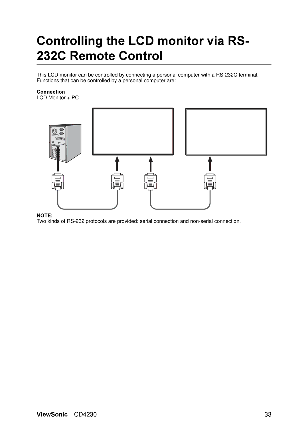 ViewSonic VS12541 manual Controlling the LCD monitor via RS- 232C Remote Control, Connection 