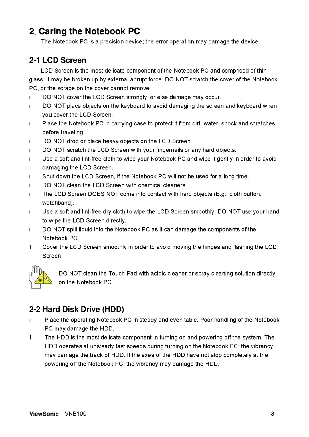 ViewSonic VS12570 manual Caring the Notebook PC, LCD Screen, Hard Disk Drive HDD 