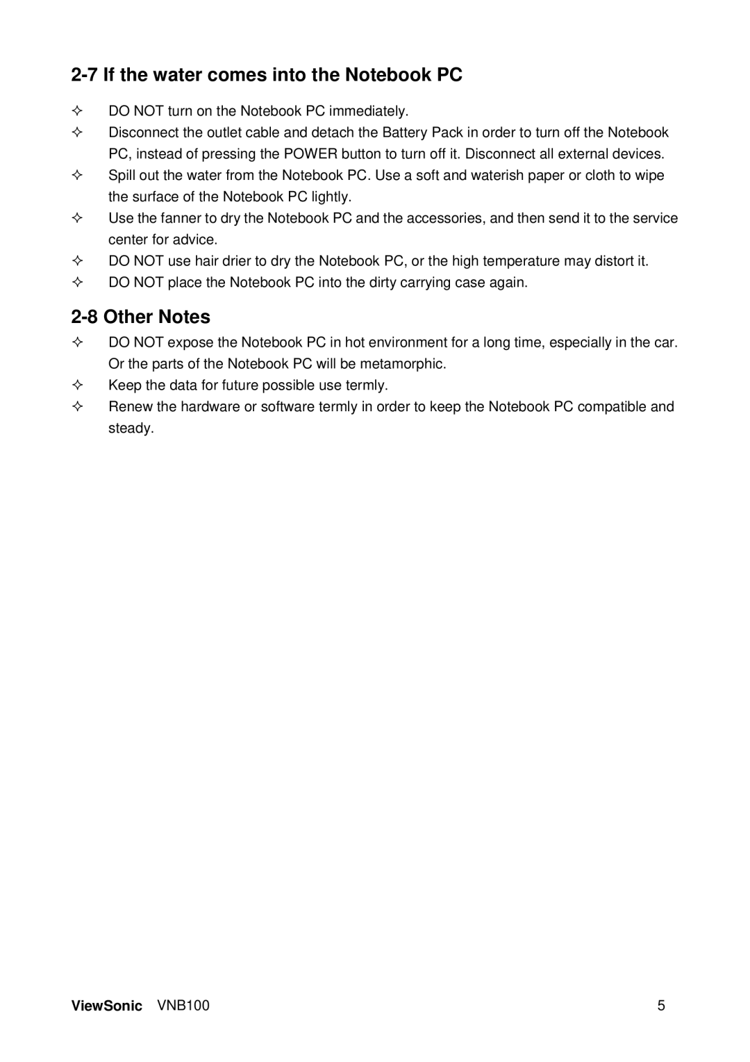 ViewSonic VS12570 manual If the water comes into the Notebook PC, Other Notes 