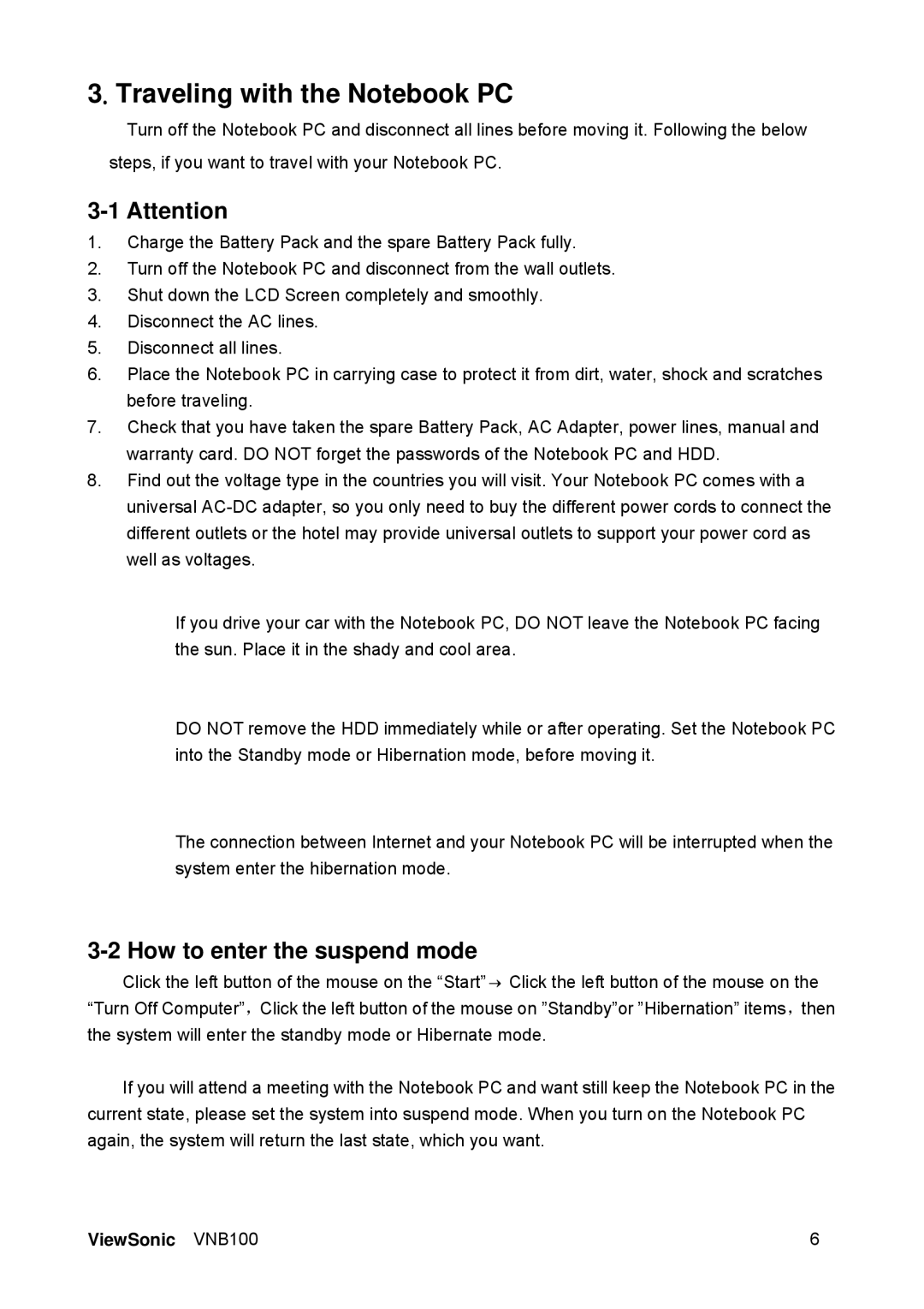 ViewSonic VS12570 manual Traveling with the Notebook PC, How to enter the suspend mode 