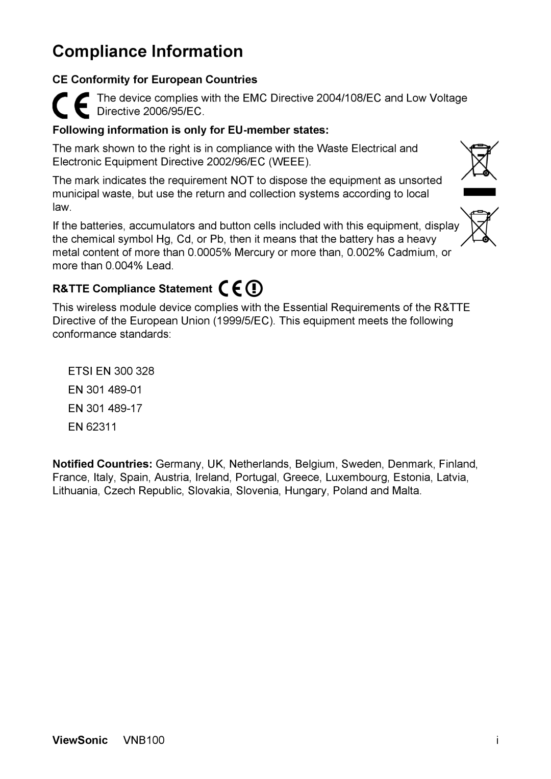 ViewSonic VS12570 Compliance Information, CE Conformity for European Countries, TTE Compliance Statement, ViewSonic VNB100 