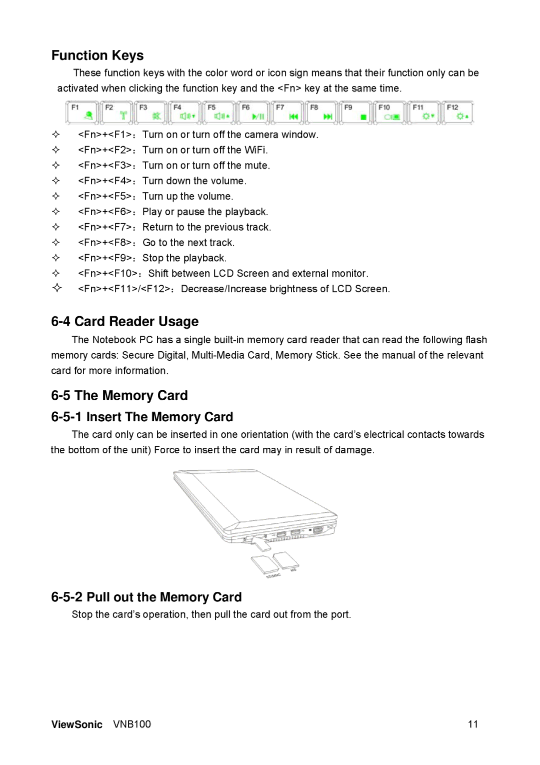 ViewSonic VS12570 manual Function Keys, Card Reader Usage Memory Card, 1Insert The Memory Card, 2Pull out the Memory Card 