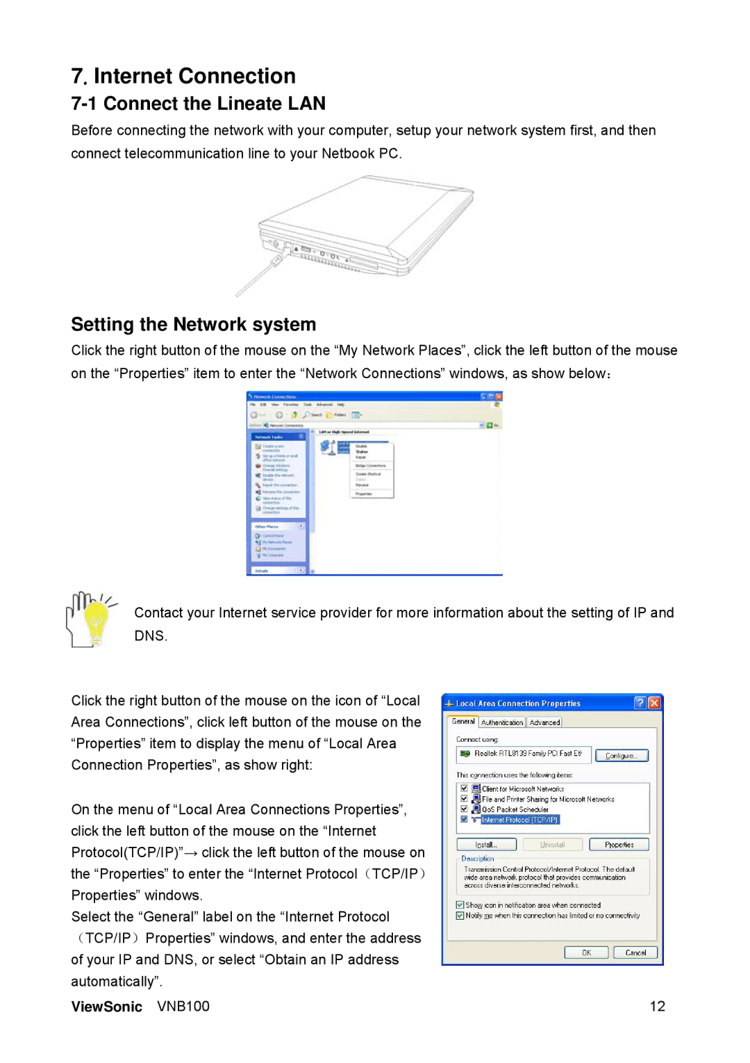 ViewSonic VS12570 manual Internet Connection, Connect the Lineate LAN, Setting the Network system 