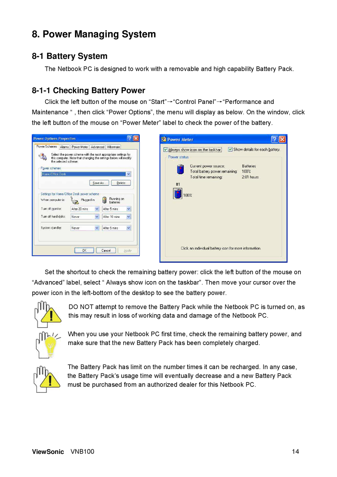 ViewSonic VS12570 manual Power Managing System, Battery System, Checking Battery Power 