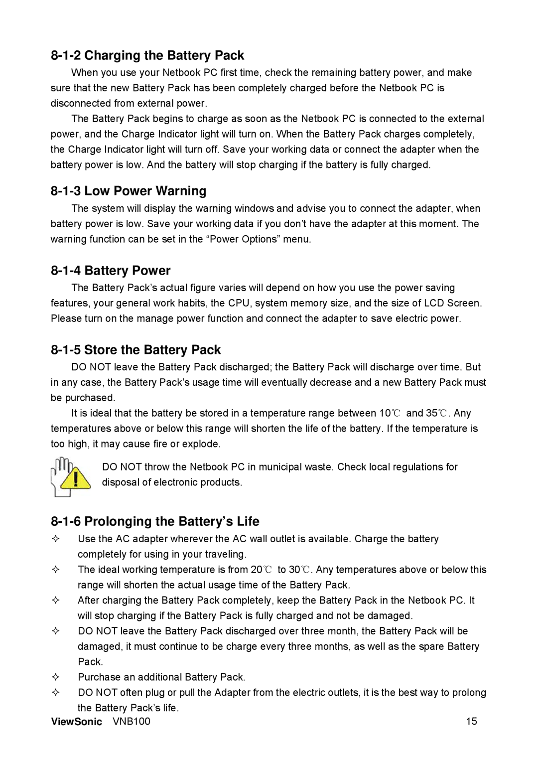 ViewSonic VS12570 manual Charging the Battery Pack, Low Power Warning, Battery Power, Store the Battery Pack 