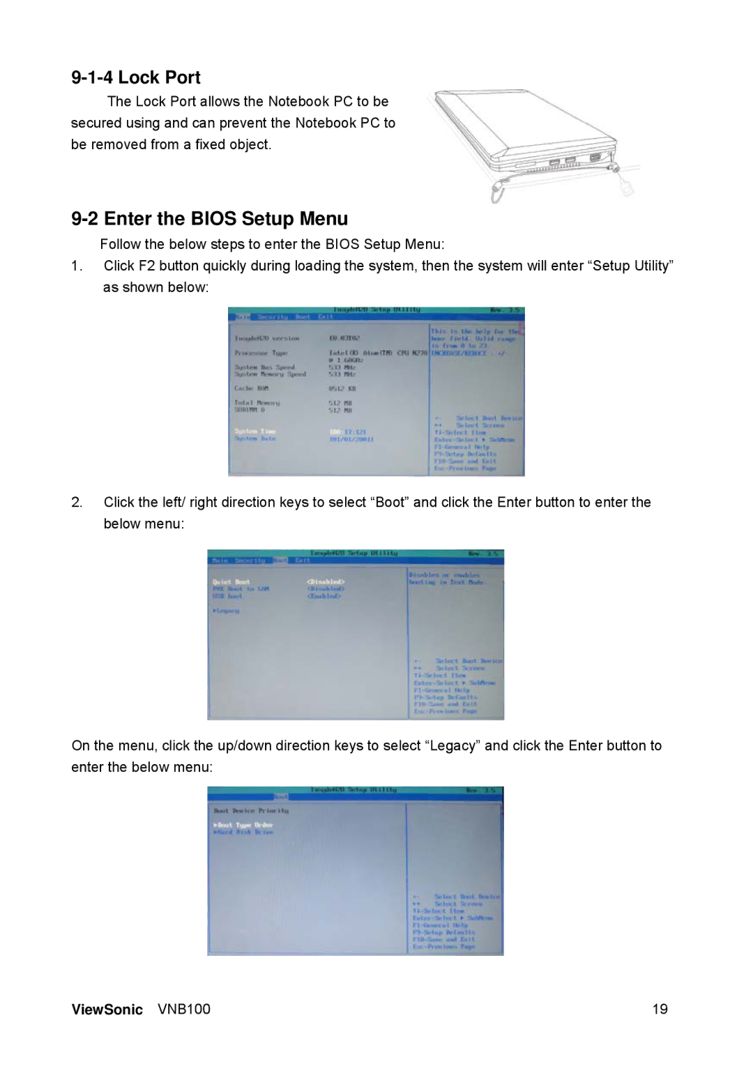 ViewSonic VS12570 manual Enter the Bios Setup Menu, Lock Port 