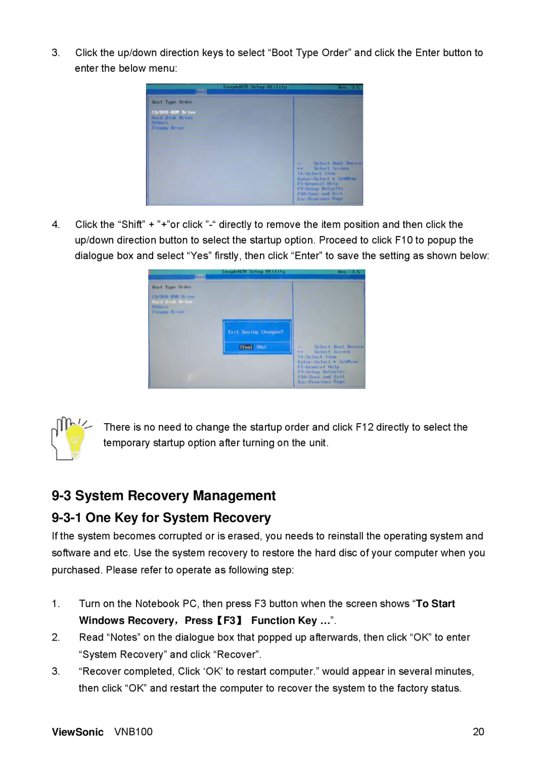 ViewSonic VS12570 manual System Recovery Management, One Key for System Recovery 