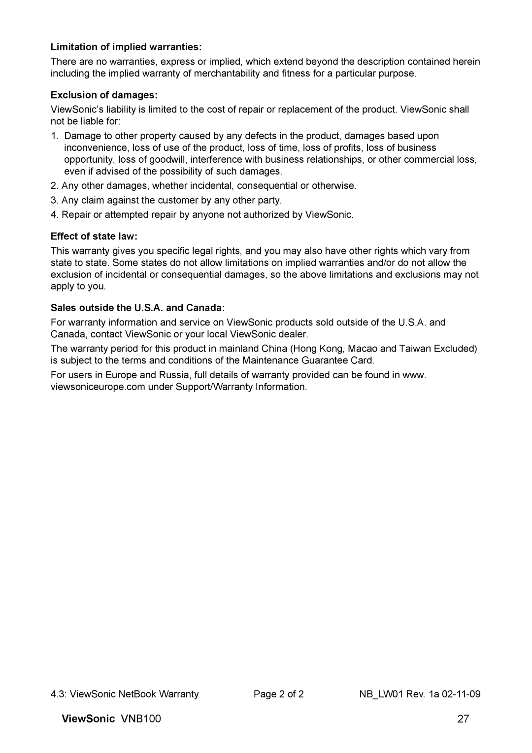 ViewSonic VS12570 manual Limitation of implied warranties 