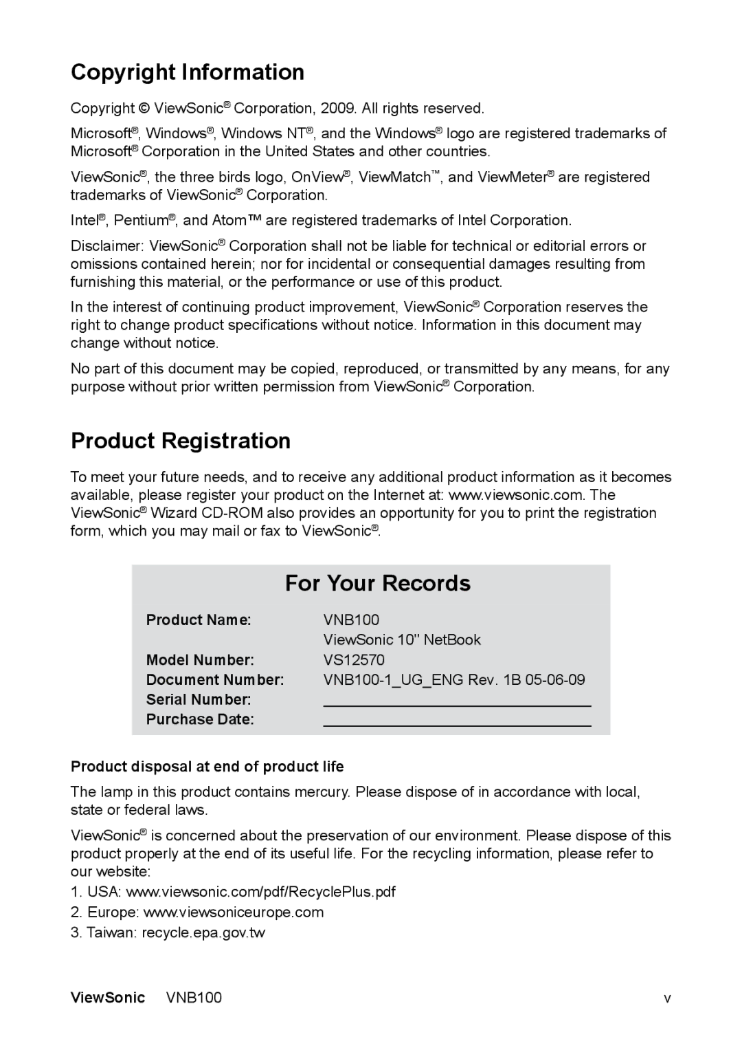 ViewSonic VS12570 manual Copyright Information, Product Registration For Your Records, Product Name, Model Number 