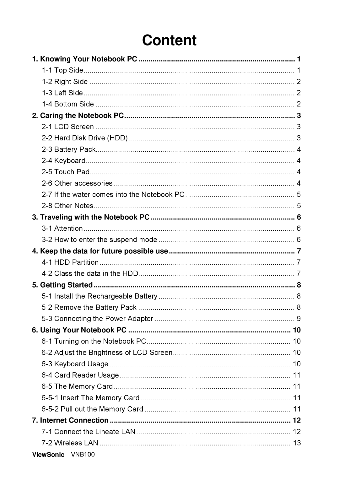 ViewSonic VS12570 manual Content, Caring the Notebook PC 