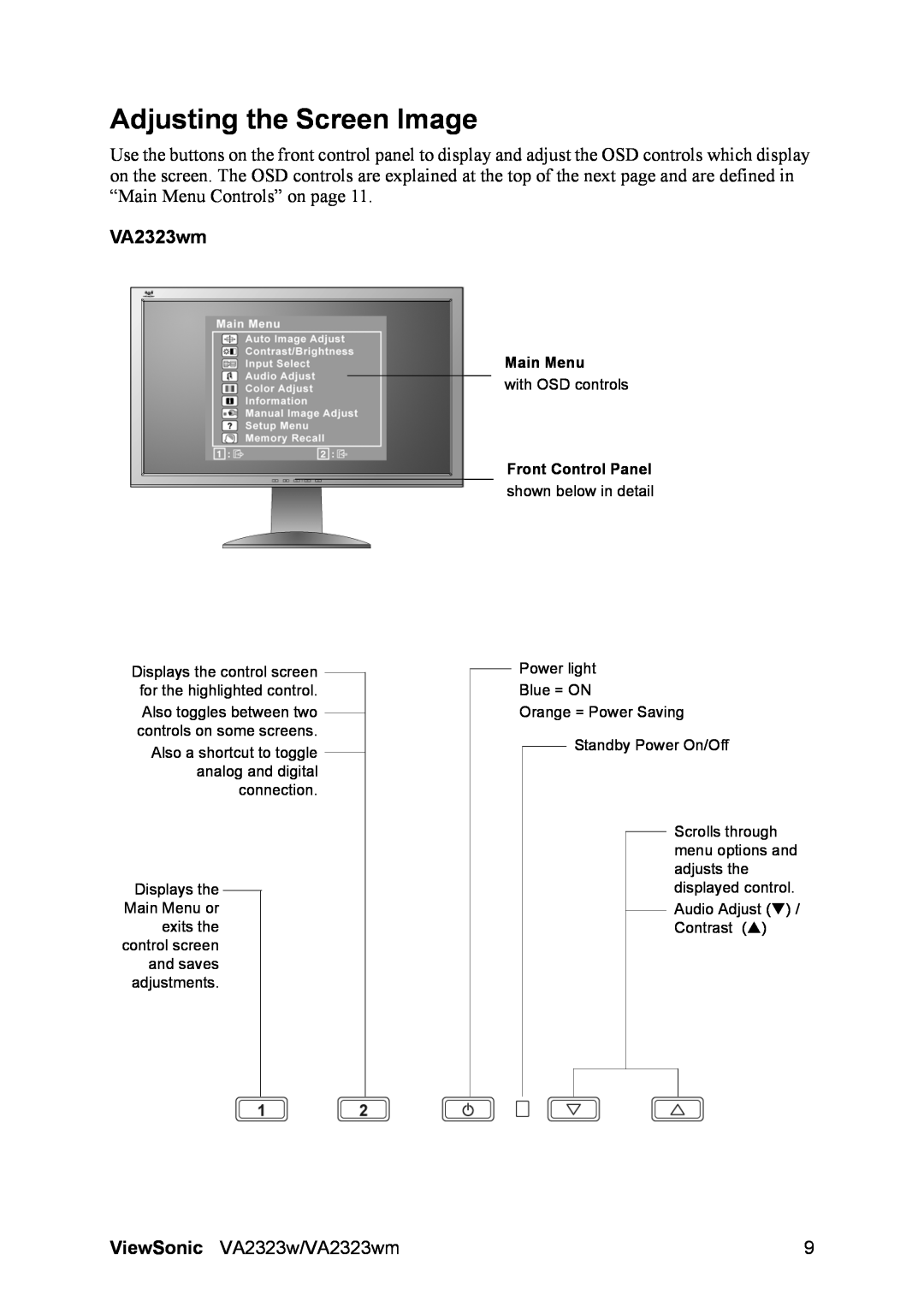 ViewSonic VS12575 warranty Adjusting the Screen Image, VA2323wm, Main Menu, Front Control Panel 