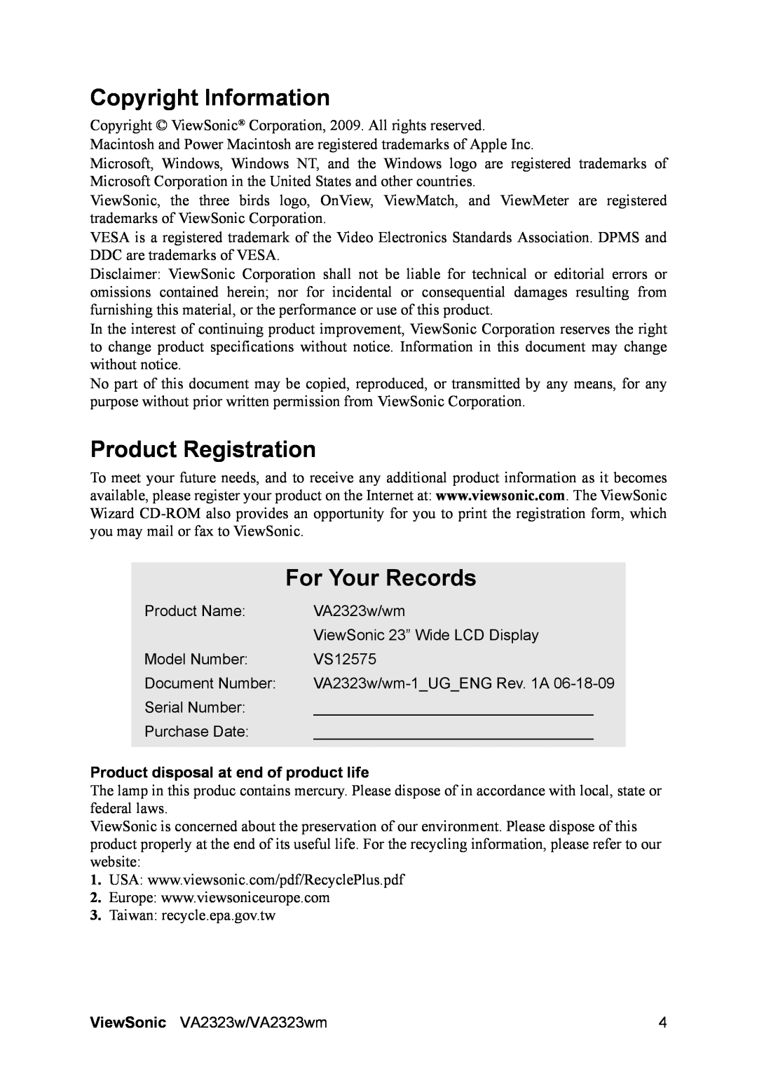 ViewSonic VS12575 Copyright Information, Product Registration, For Your Records, Product disposal at end of product life 