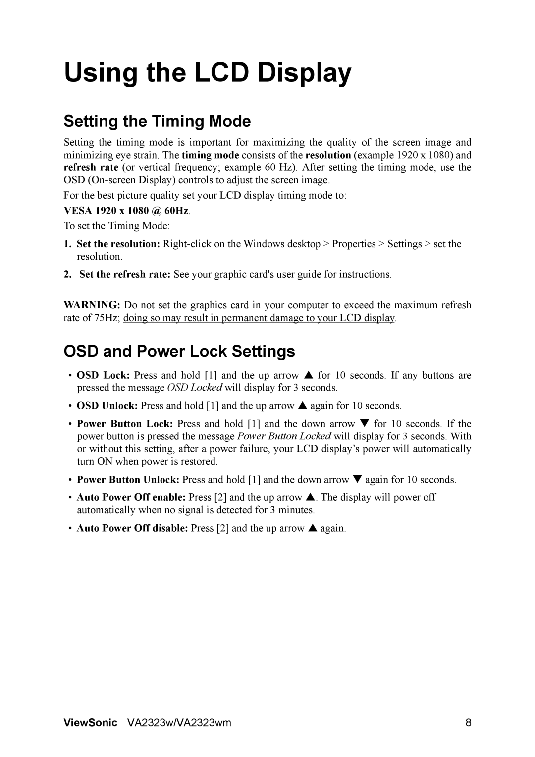 ViewSonic VS12575 warranty Setting the Timing Mode, OSD and Power Lock Settings, Vesa 1920 x 1080 @ 60Hz 