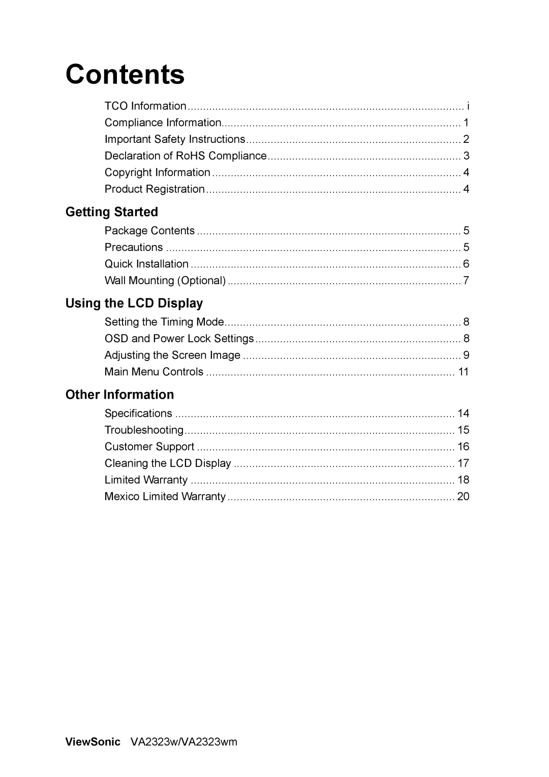 ViewSonic VS12575 warranty Contents 