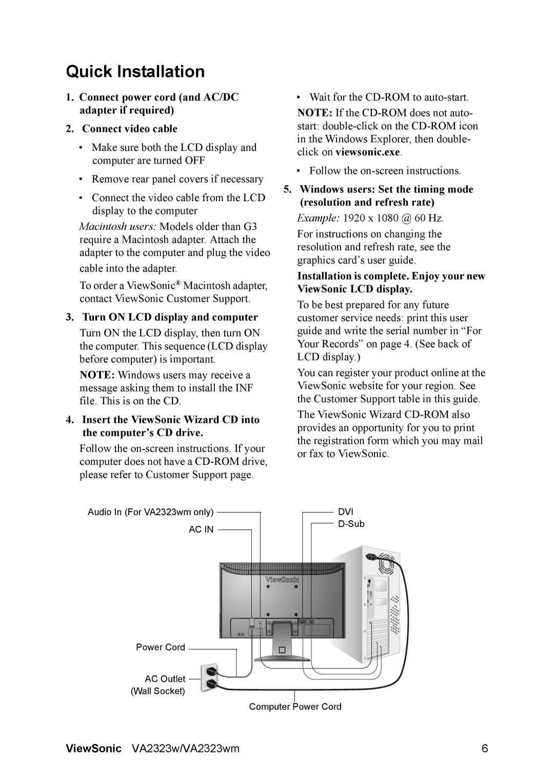 ViewSonic VS12575 warranty Quick Installation, Turn on LCD display and computer 