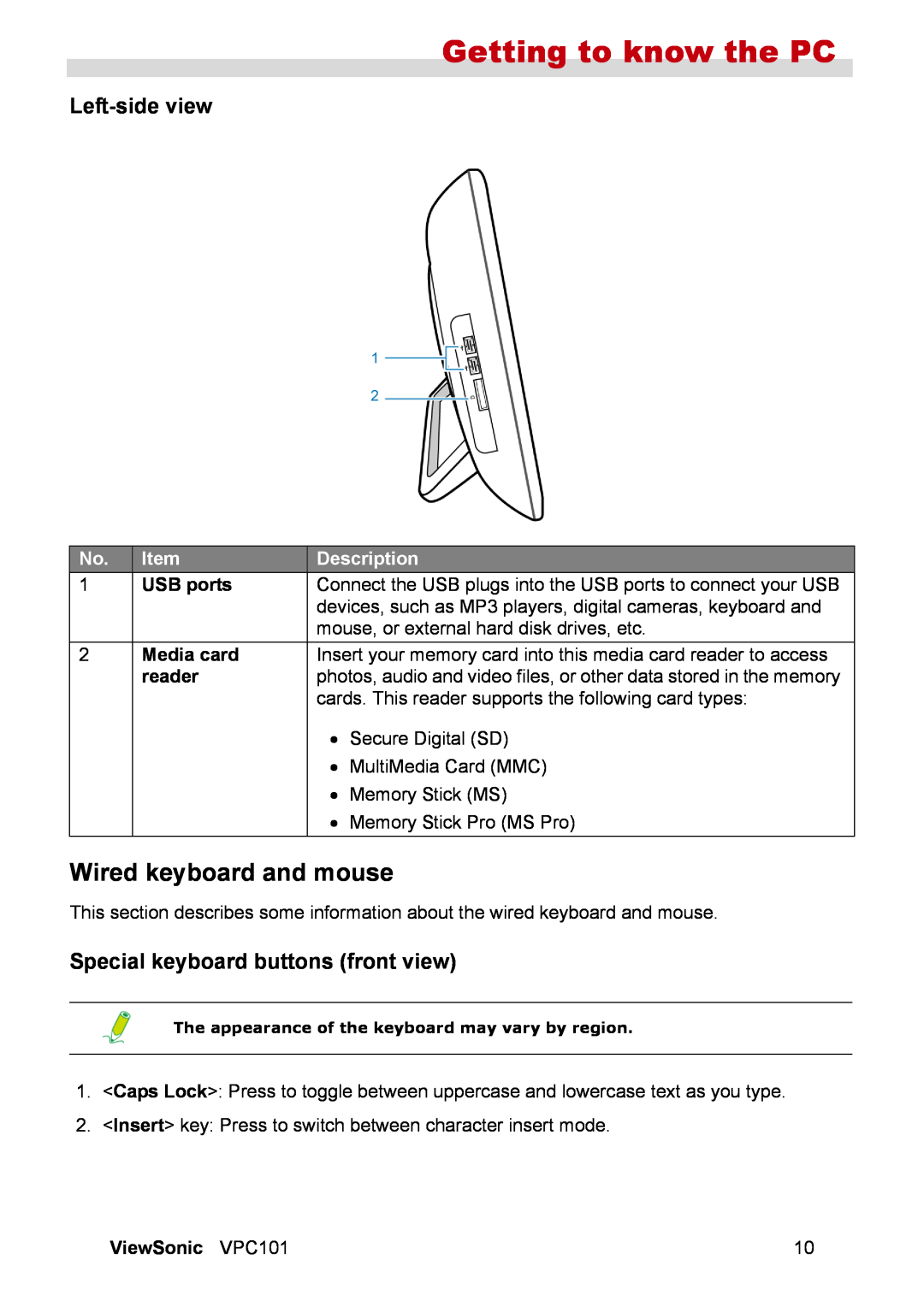 ViewSonic VS12602 Wired keyboard and mouse, Left-side view, Special keyboard buttons front view, Getting to know the PC 