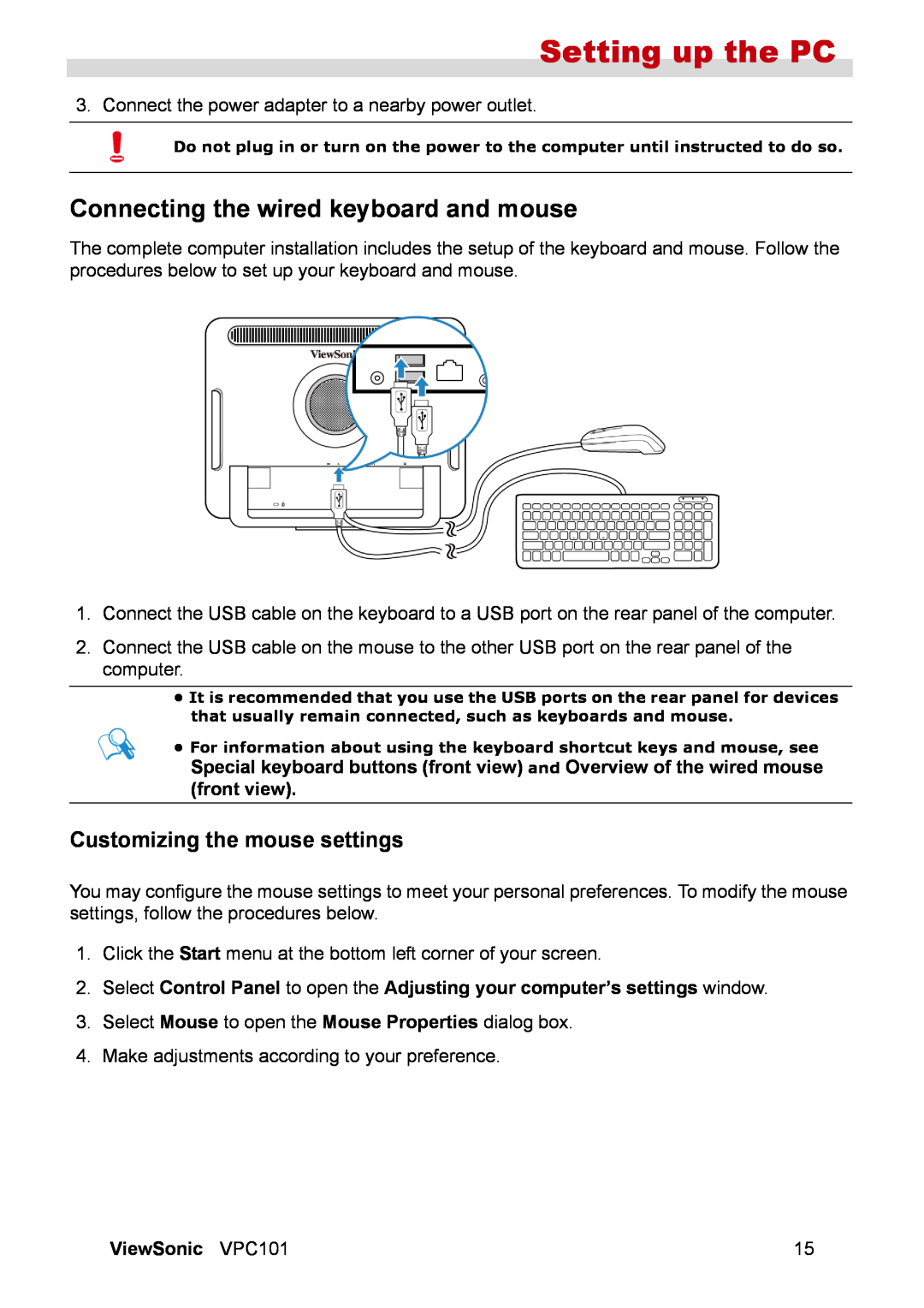 ViewSonic VS12602 manual Connecting the wired keyboard and mouse, Customizing the mouse settings, Setting up the PC 