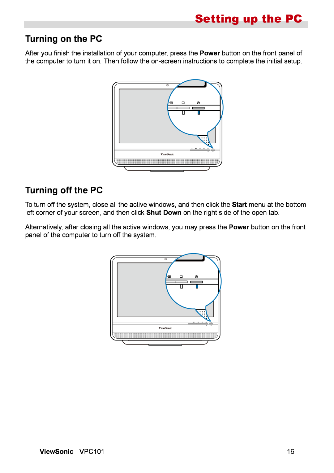 ViewSonic VS12602 manual Turning on the PC, Turning off the PC, Setting up the PC 