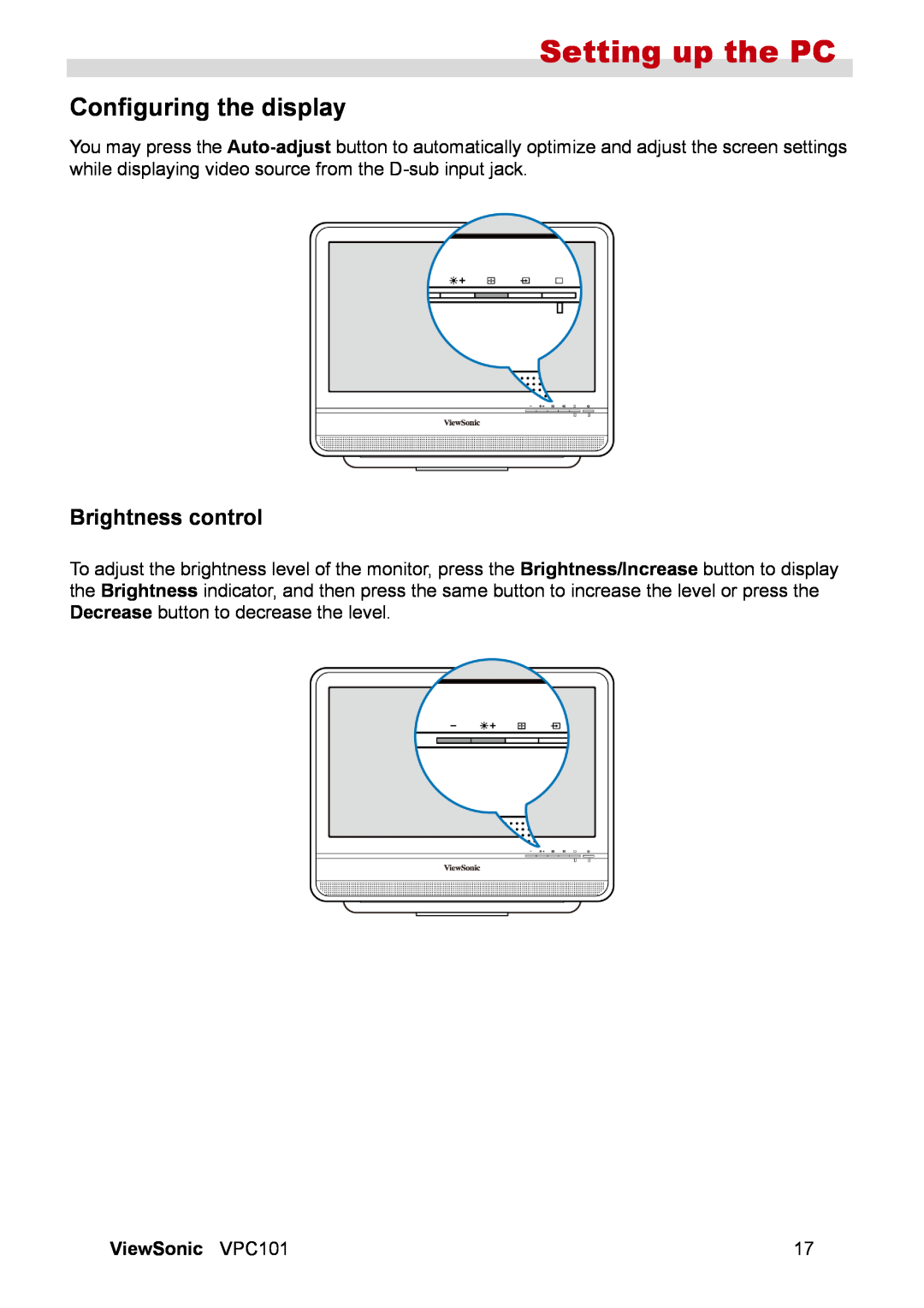 ViewSonic VS12602 manual Configuring the display, Brightness control, Setting up the PC 