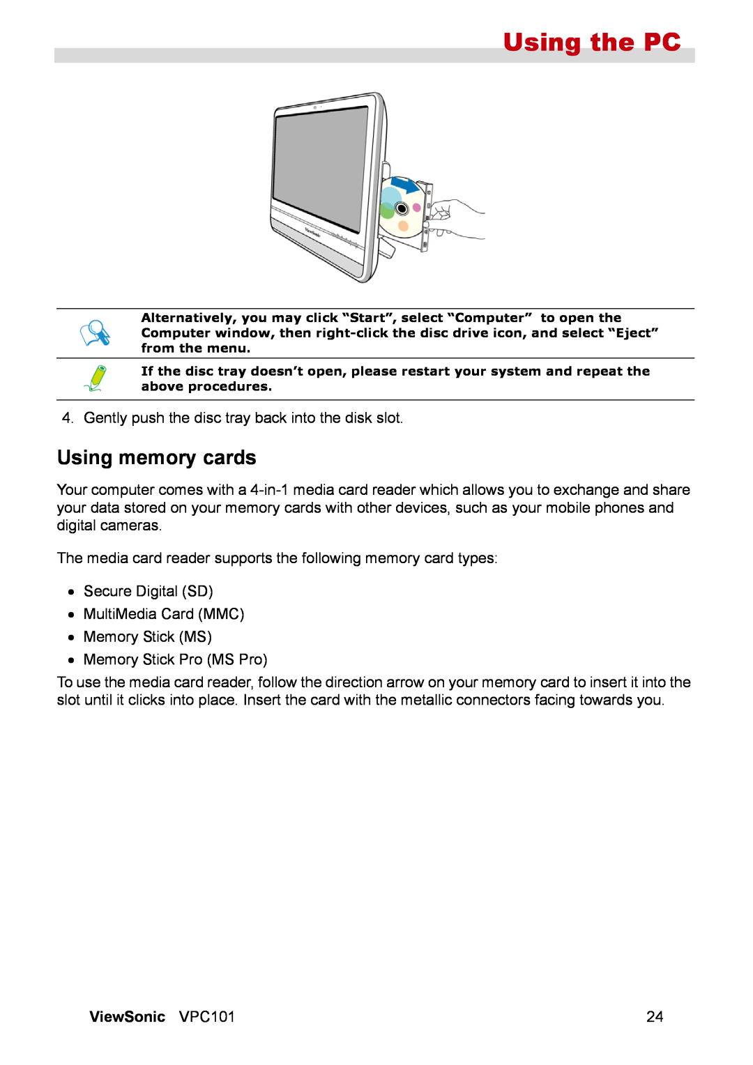 ViewSonic VS12602 manual Using memory cards, Using the PC 