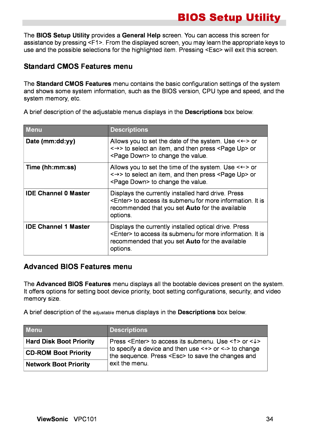 ViewSonic VS12602 manual Standard CMOS Features menu, Advanced BIOS Features menu, Menu, BIOS Setup Utility, Descriptions 