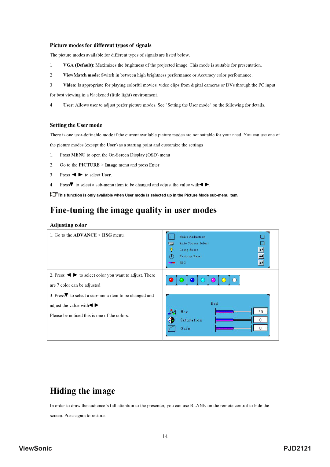 ViewSonic VS12617 manual Fine-tuning the image quality in user modes, Hiding the image 