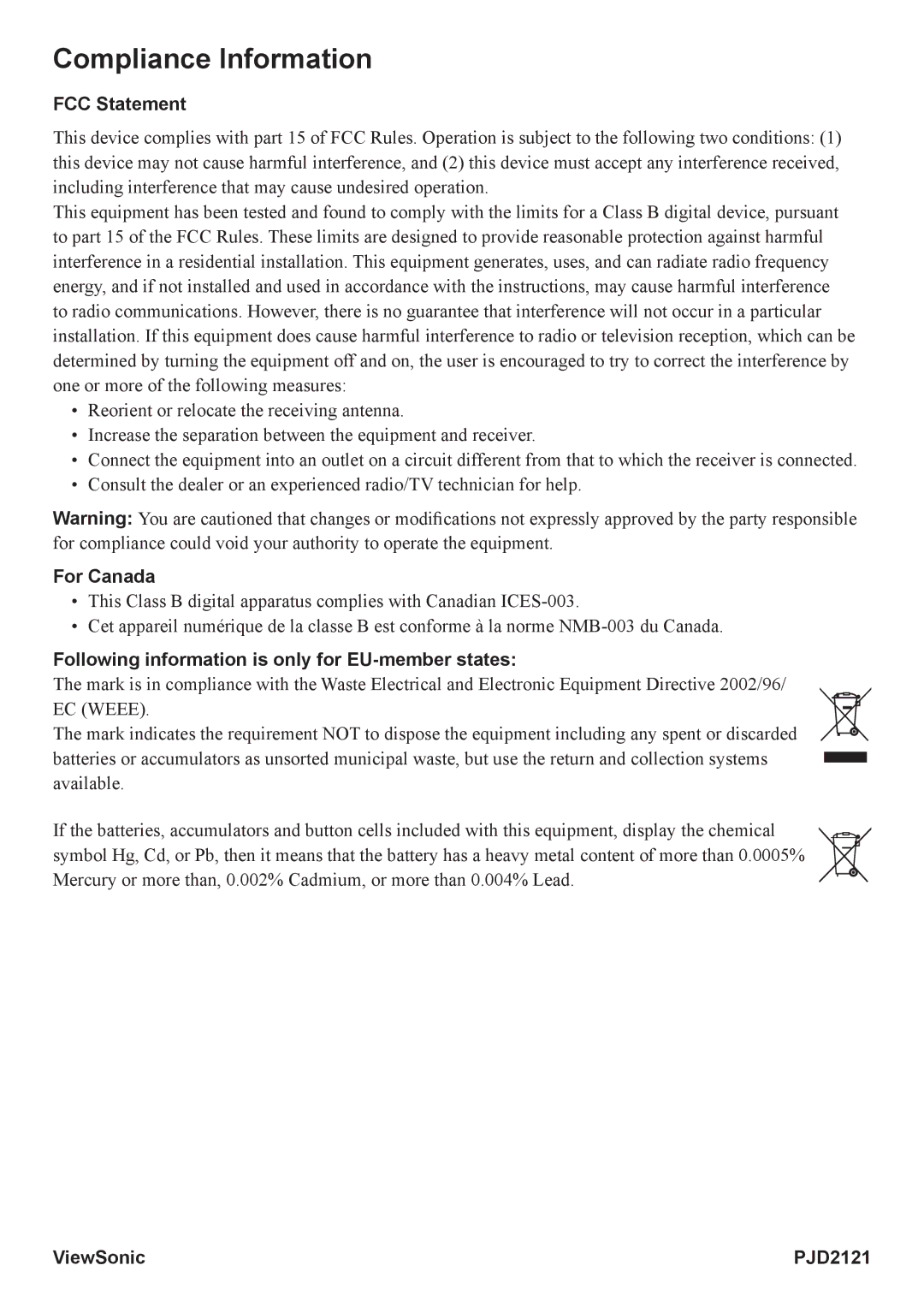 ViewSonic VS12617 manual Compliance Information, FCC Statement 