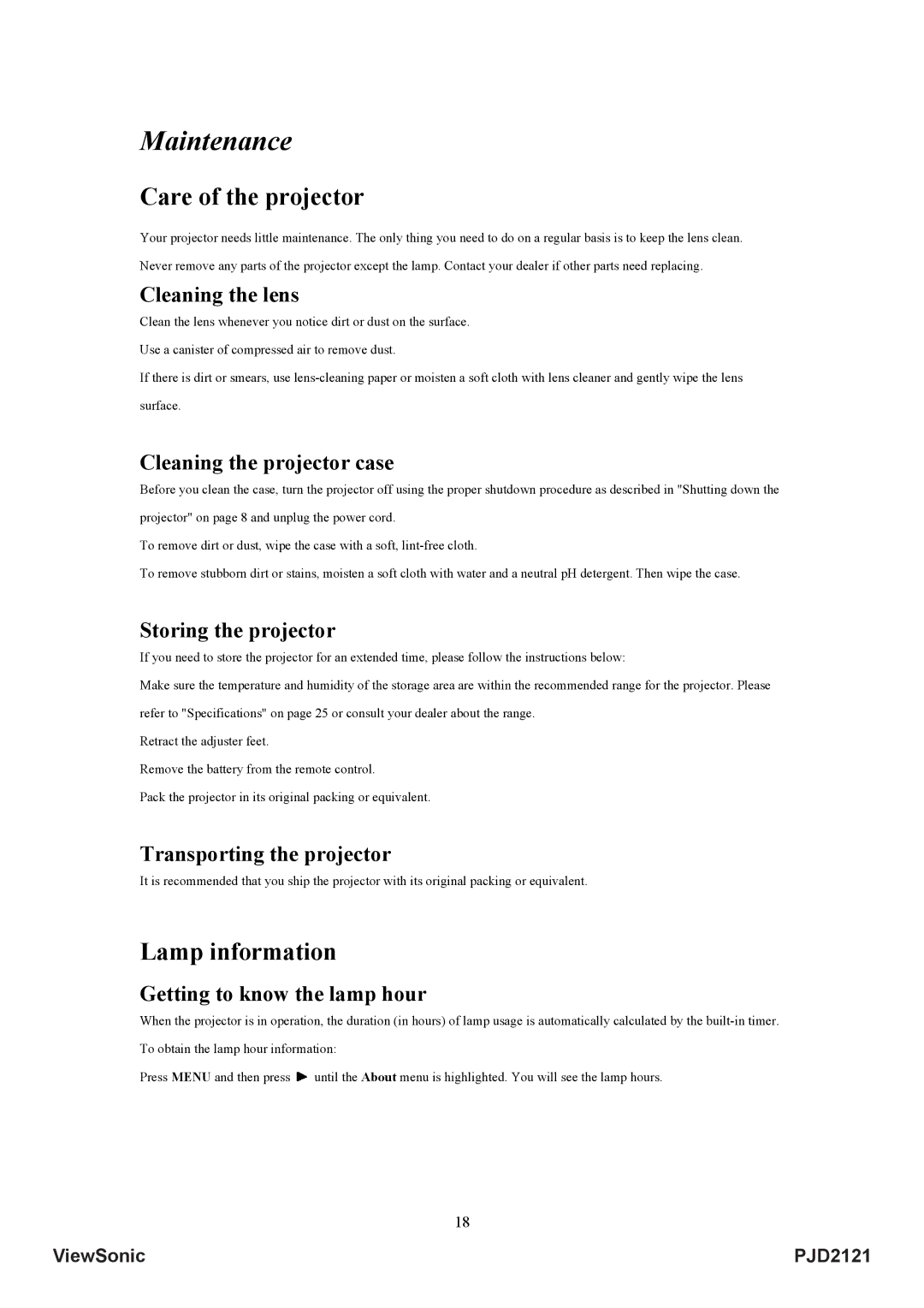 ViewSonic VS12617 manual Maintenance, Care of the projector, Lamp information 