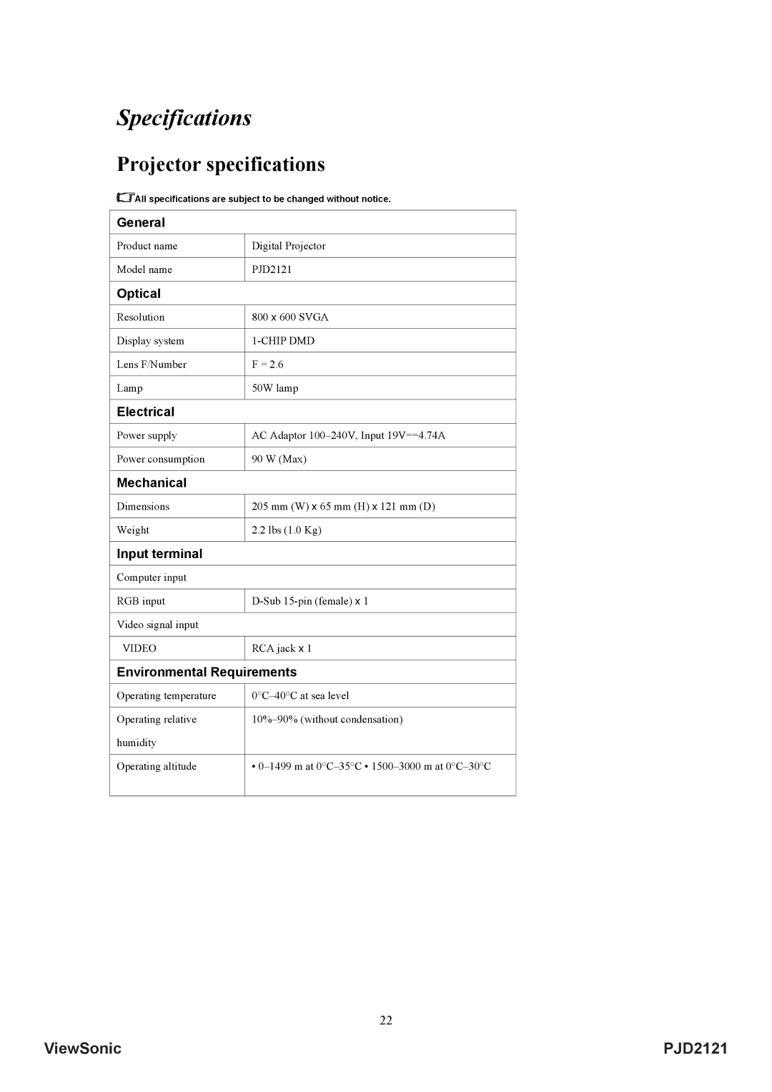 ViewSonic VS12617 manual Specifications, Projector specifications 