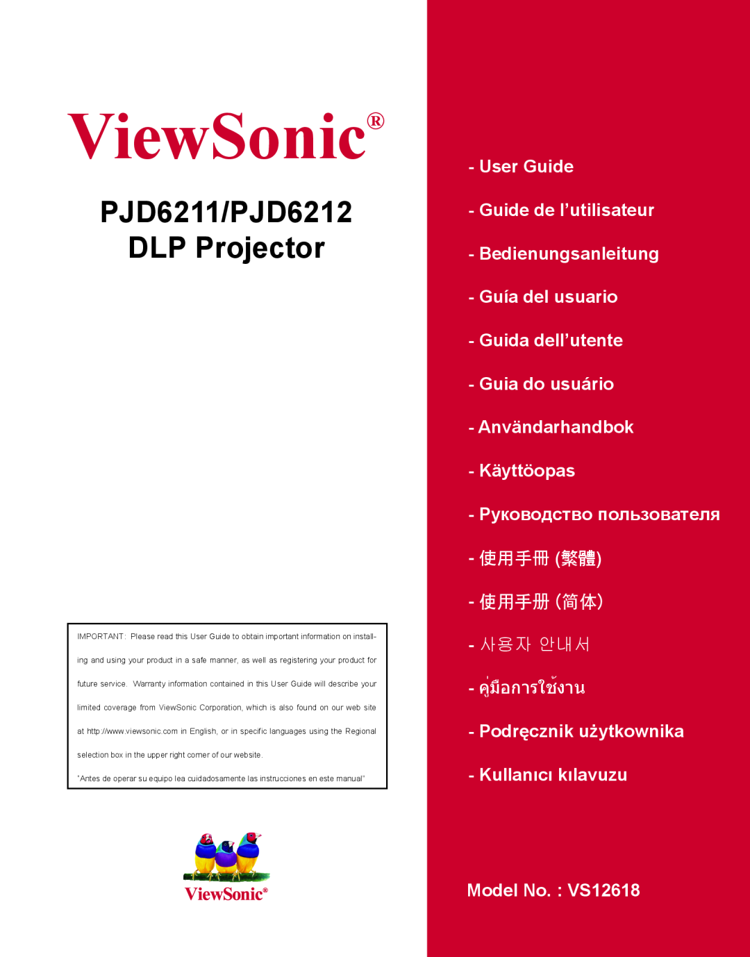 ViewSonic warranty PJD6211/PJD6212 DLP Projector, ViewSonic, User Guide Guide de l’utilisateur Bedienungsanleitung 