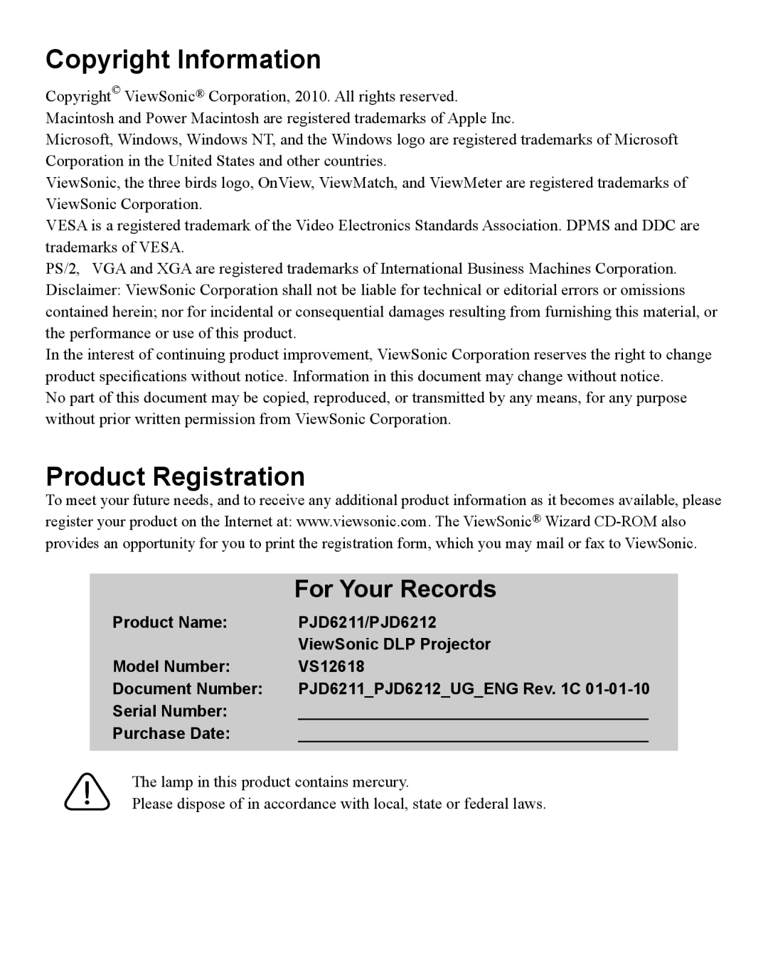 ViewSonic VS12618 warranty Copyright Information, Product Registration, For Your Records, Product Name, PJD6211/PJD6212 
