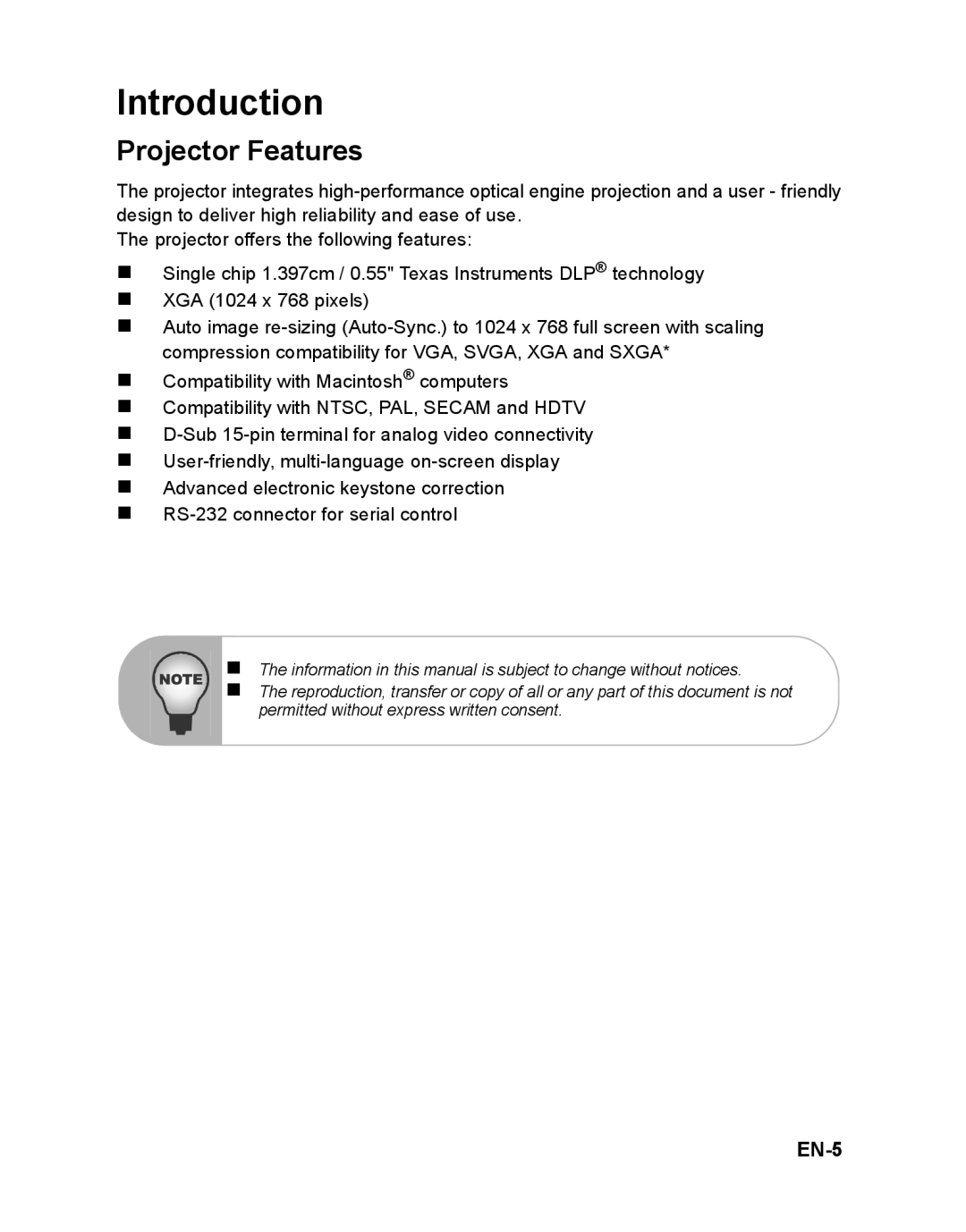 ViewSonic VS12618, PJD6212 warranty Introduction, Projector Features, EN-5 