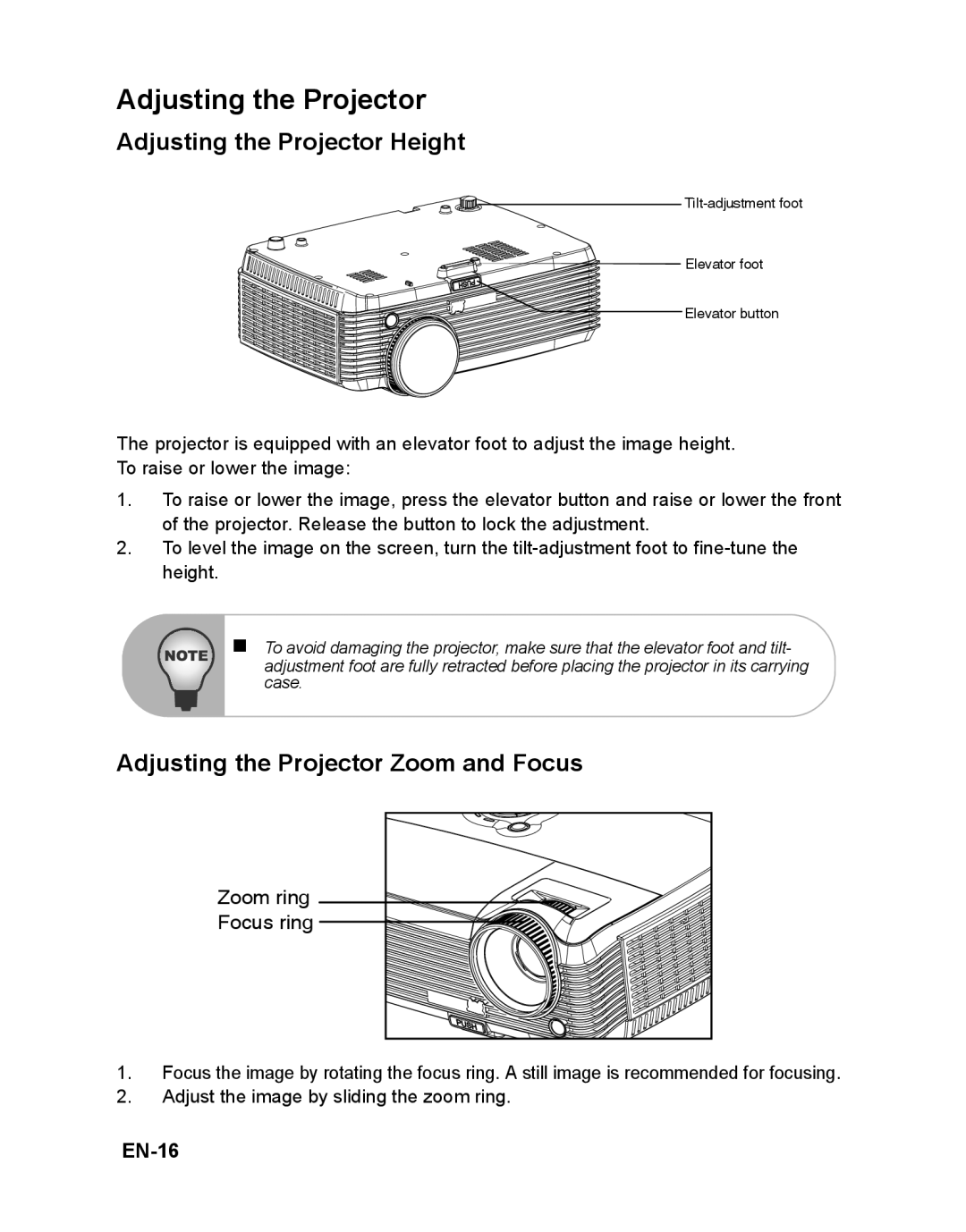 ViewSonic PJD6212, VS12618 warranty Adjusting the Projector Height, Adjusting the Projector Zoom and Focus, EN-16 