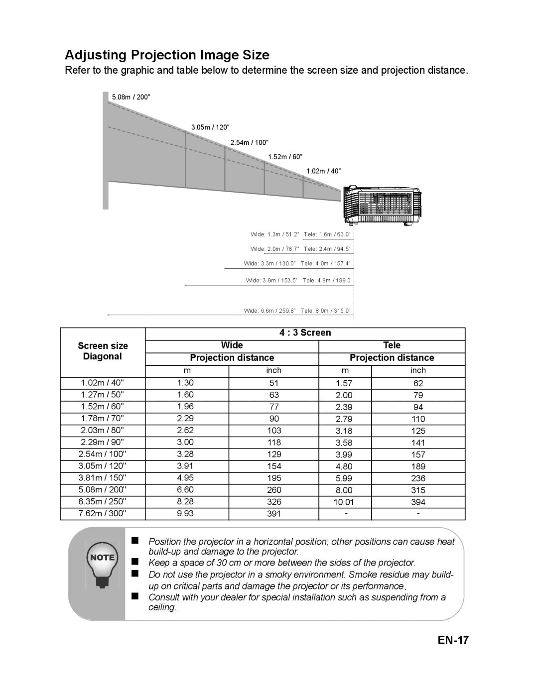 ViewSonic VS12618, PJD6212 warranty Adjusting Projection Image Size, EN-17, Screen Screen size Wide, Diagonal 