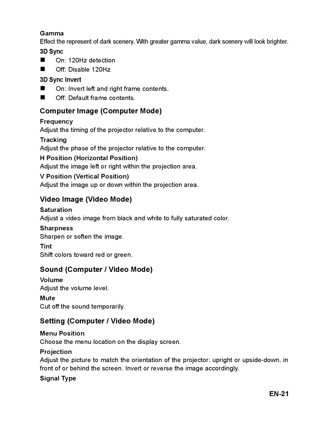 ViewSonic VS12618, PJD6212 warranty Computer Image Computer Mode, Video Image Video Mode, Sound Computer / Video Mode, EN-21 