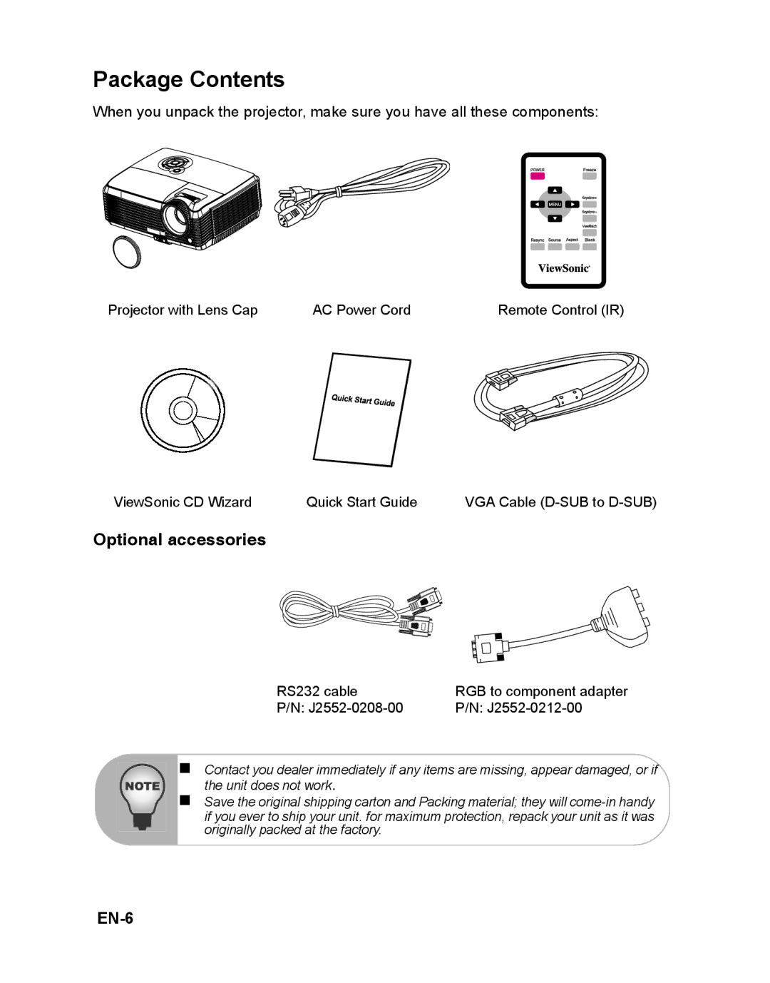 ViewSonic PJD6212, VS12618 warranty Package Contents 