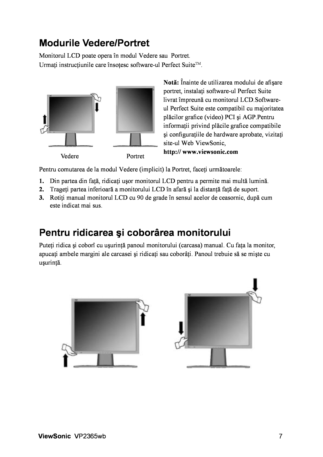 ViewSonic VS12637 manual Modurile Vedere/Portret, Pentru ridicarea şi coborârea monitorului, ViewSonic VP2365wb 