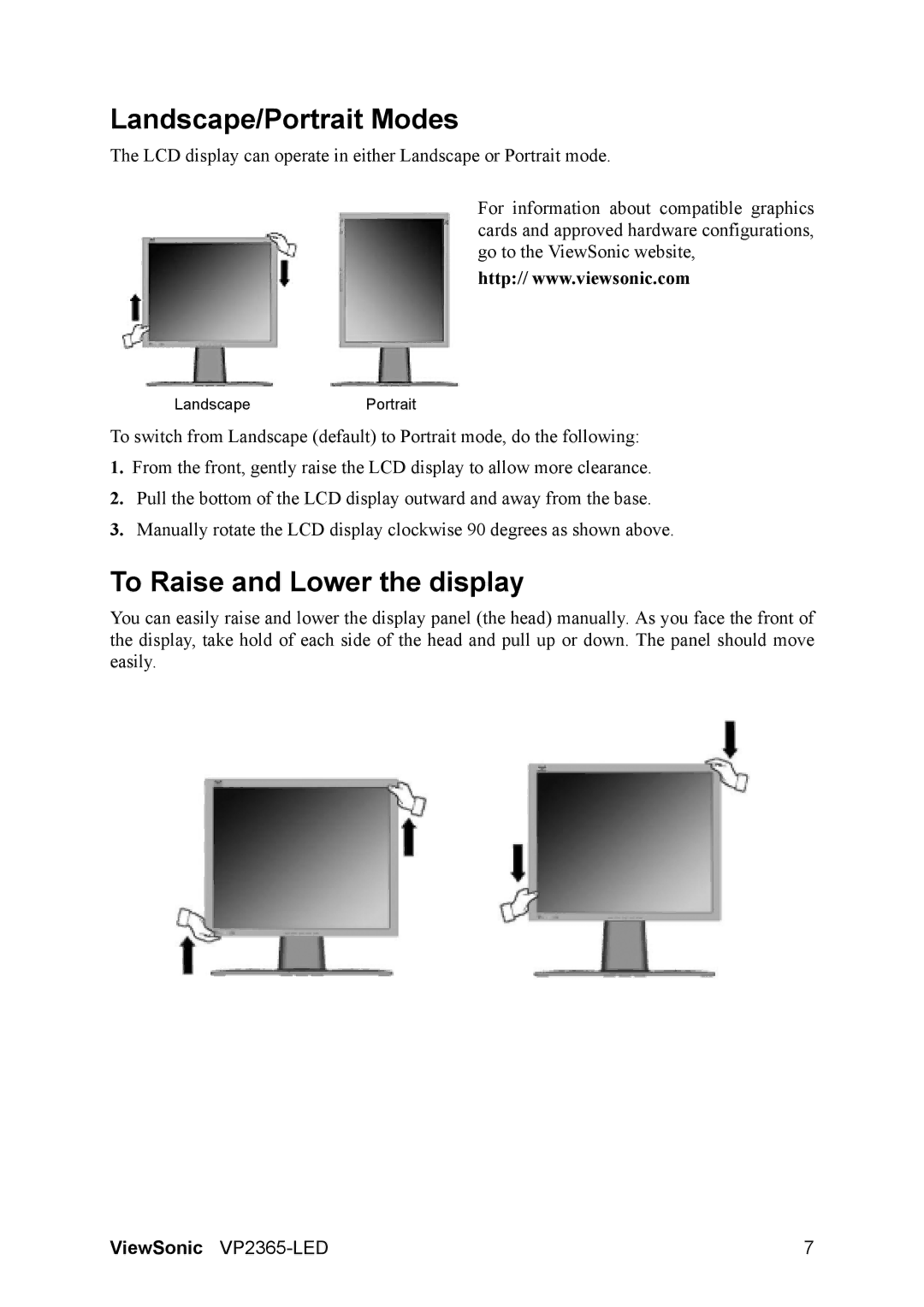 ViewSonic VS12637 warranty Landscape/Portrait Modes, To Raise and Lower the display 