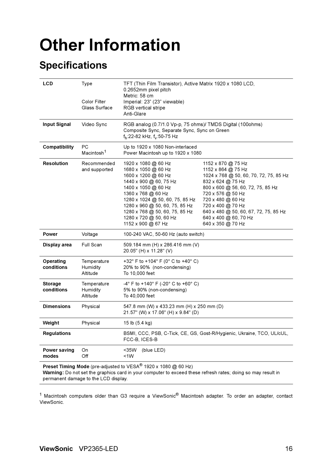 ViewSonic VS12637 warranty Other Information, Specifications 