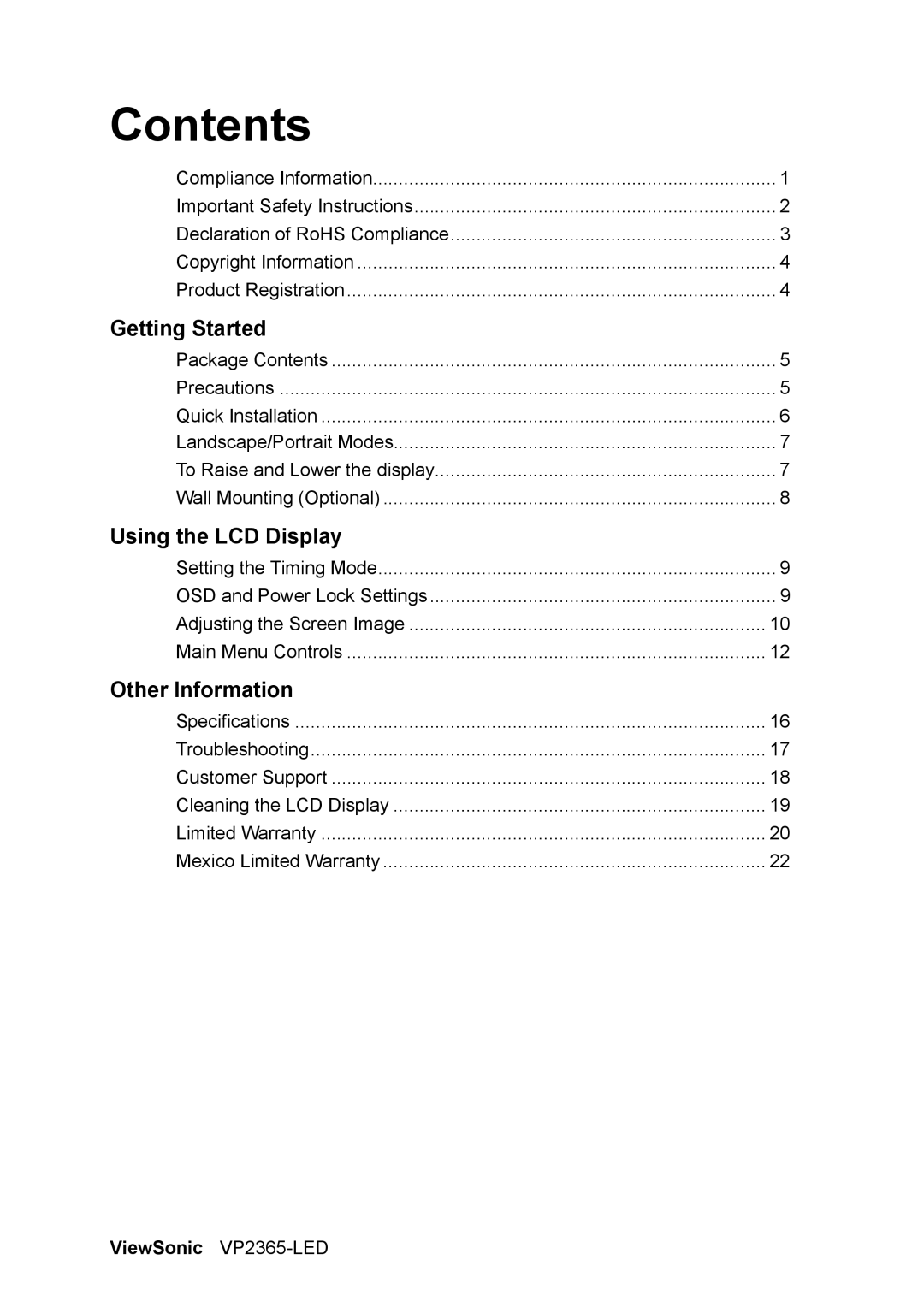 ViewSonic VS12637 warranty Contents 