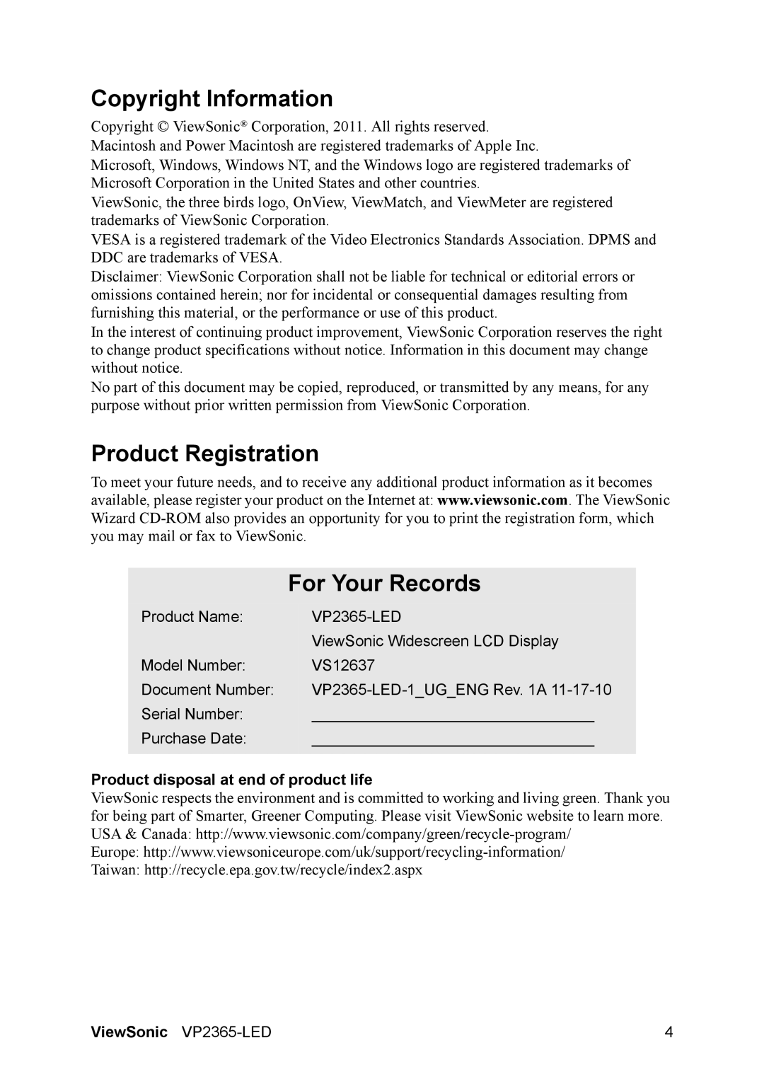 ViewSonic VS12637 Copyright Information, Product Registration For Your Records, Product disposal at end of product life 